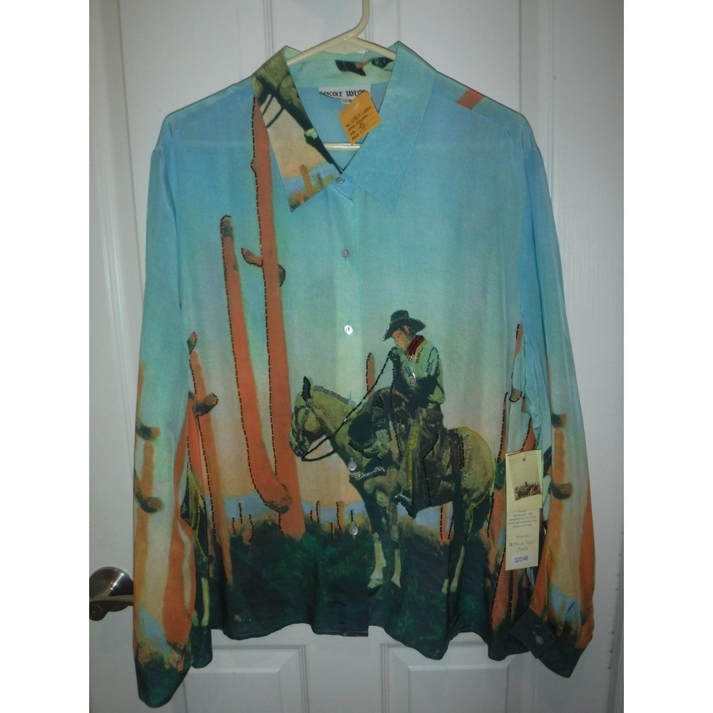 Nicole Taylor Rodeo Cowboy Horse Beaded Silk Blouse NWT